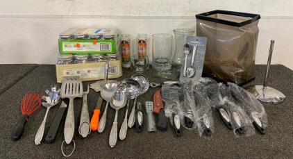 Kitchen Lot Including, Silverware, Serving Utensils, Vases, Jars And More