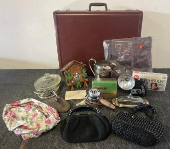 Antiques Including Kodak Brownie Hawkeye Camera, Cuckoo Clock, KM Hairdrier, Viewmaster Light Attatchment, Suitcase & More