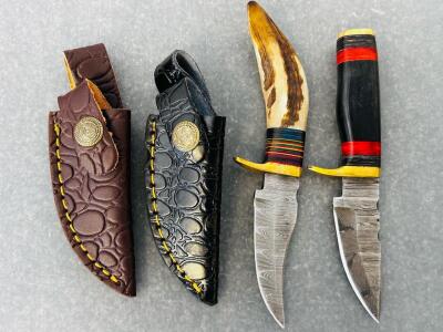 (2) Custom Damascus Hunting Knife With Leather Sheaths (6.5" Overall Length)