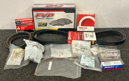 (1) FVP Premium Brake Pads, (1) Motorcraft Drive Belt, (1) Motorcraft 4 Spark Plugs, And More