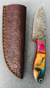 Custom Damascus Hunting Knife With Leather Sheath (7" Overall Length)