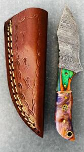Custom Damascus Hunting Knife With Leather Sheath (6" Overall Length)