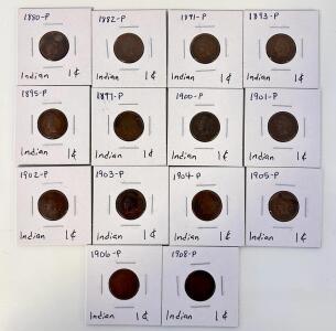 (14) Vintage Indian Head Pennies (1880-1908)