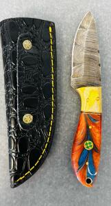 Custom Damascus Hunting Knife With Leather Sheath (7" Overall Length)