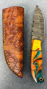 Custom Damascus Hunting Knife With Leather Sheath (7" Overall Length)