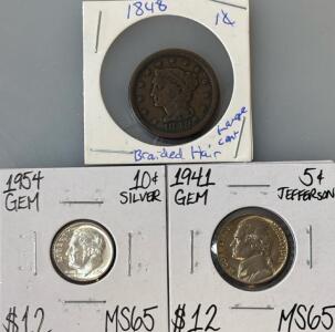 1848 Braided Hair Library Head Cent, 1954 MS65 Gem Silver Dime, 1941 MS65 Gem Jefferson Nickel