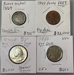 1869 3 Cent Nickel, 1943 One Cent Wheat Penny, 1970 Liberty Quarter, And 1930 Indian Buffalo Nickel