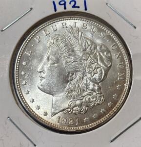 1921 Morgan Silver Dollar Coin, United States Mint, 90% Silver