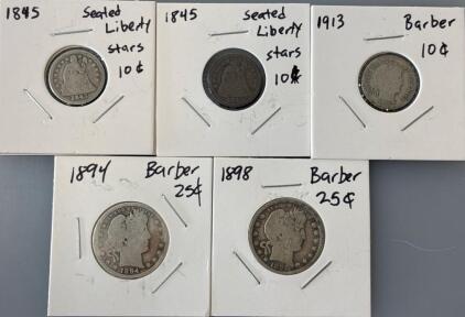Collection Of US Barber Coinage And Seated Liberty Coins, Including Dimes, Quarters, And Half Dollars From Various Years