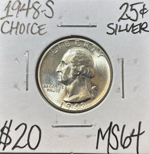 1948-S MS64 CHOICE SILVER WASHINGTON .25c