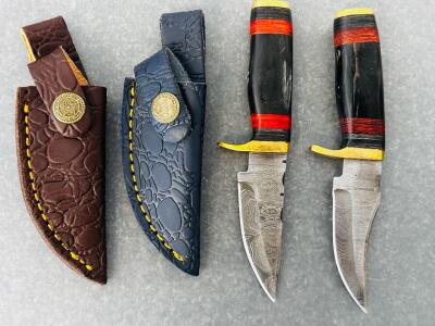 (2) Custom Damascus Hunting Knife With Leather Sheaths (6.5" Overall Length)