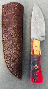 Custom Damascus Hunting Knife With Leather Sheath (8" Overall Length)