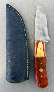 Custom Damascus Hunting Knife With Leather Sheath (8" Overall Length)
