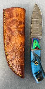 Custom Damascus Hunting Knife With Leather Sheath (7" Overall Length)