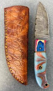 Custom Damascus Hunting Knife With Leather Sheath (7" Overall Length)