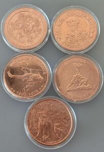 (5) 1oz Round .999 Fine Copper Tokens