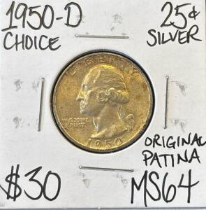 1950-D MS64 Choice Silver Washington .25 Quarter