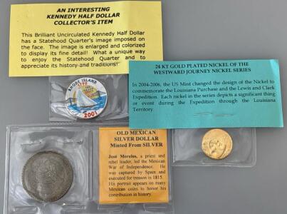 2004-06 24 KT Gold Plated Nickel, Kennedy Half Dollar Rhode Island 2001, 1815 Old Mexican Silver Dollar