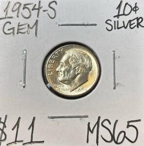 1954-S MS65 GEM SILVER ROOSEVELT DIME