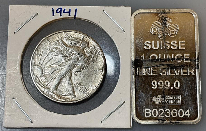 1941 Walking Liberty Half Dollar, Suisse 1 Ounce Fine Silver 999.0 Bar
