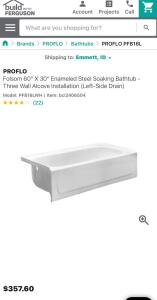 ProFlo Left Hand Drain PFB16LWH Bath Tub 60&rdquo;x30&rdquo;x16 5/8&rdquo;