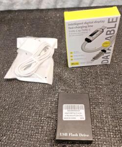 (1) 20W USB C Fast Charger W/ 10' Cable (1) 240W Digital Display Braided PVC Zinc Alloy Type-C Data Fast Charging Cable, 6' & (1) USB 512GB Flash Drive