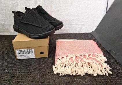 (1) Pair Of Yingcsm Women's Sneakers, Black, Size-8, (1) Light Turkish Bath Towel & (1) Box Of Assorted Amazon Overstock