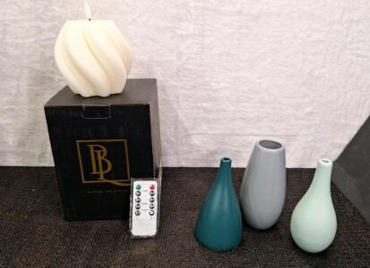 (1) Electric Candle W/ Remote, (1) 3-Piece Vase Set & (1) Box Of Assorted Amazon Overstock