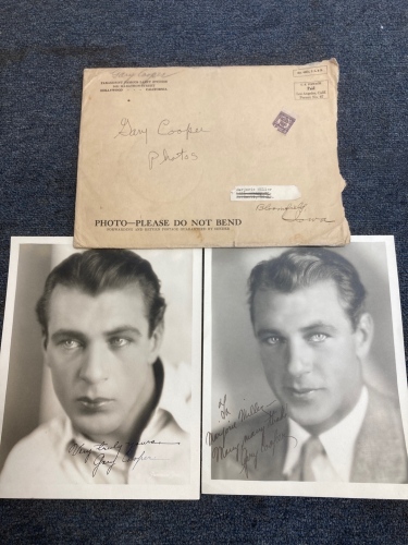 (2) Gary Cooper Autographed Pictures in Envelop From Paramount Famous Lasky Studios