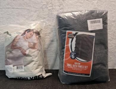 (1) Snuggly Bee Maternity Pillow & (1) 6-Pack Of 22" x 44" Bath Towles, Grey