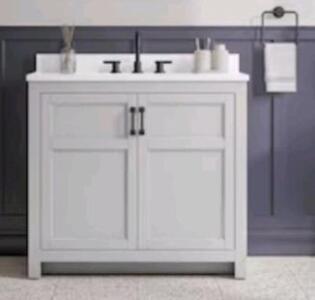 (1) Style Selections 37" Bathroom Vanity, Light Grey W/ White Composite Top, #5054891