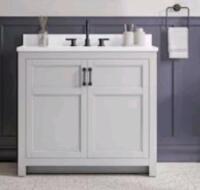 (1) Style Selections 37" Bathroom Vanity, Light Grey W/ White Composite Top, #5054891