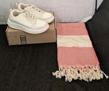 (1) Pair Of Azbzcz Women's Sneakers, White, Size-10, (1) Light Turkish Bath Towel & (1) Box Of Assorted Amazon Overstock