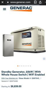 Generac Guardian 22KW Standby Generator $6,000+ Dollar Value