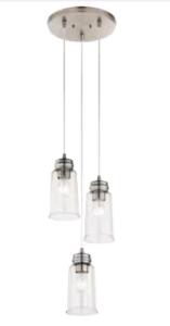 (1) Kichler Jaylen 3 -Light Farmhouse Clear Glass Cylinder Hanging Pendant Light, Brushed Nickel <br/>