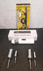 (1) 12" Combination Square, (1) Cordless Pocket Vacuum & (2) 2-Piece Universal Socket Sets