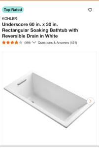 KOHLER 1121-0 Underscore Bath Tub 60&rdquo;x30&rdquo;x19&rdquo;