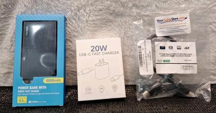 (1) 10000mAH Power Bank, (1) 20W USB C Fast Charger & (1) 12-Inch High Speed HDMI W/ Ethernet Cable