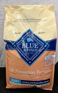 (1) 34-Pound Bag Of Blue Buffalo Life Protection Formula Large Breed Puppy Chicken and Brown Rice Recipe Dry Dog Food.