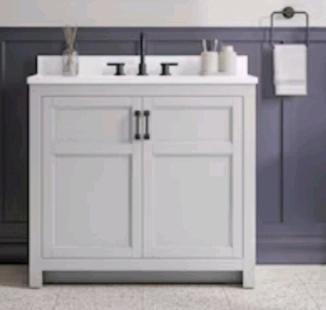 (1) Style Selections 37" Bathroom Vanity, Light Grey W/ White Composite Top, #5054891