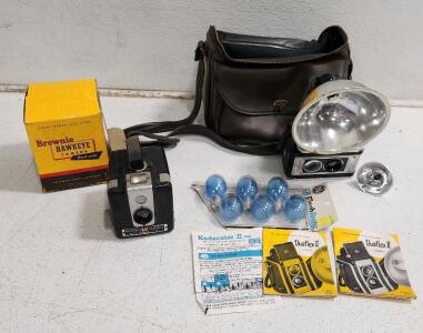 (1) Vintage Kodak Flash Camera W/ Accessories (1) Vintage Brownie Hawkeye Camera