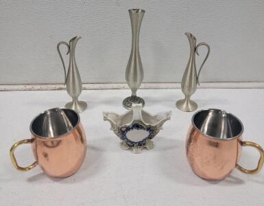 (1) German Porcelain Basket (3) Pewter Bud Vases (2) Moscow Mule Mugs