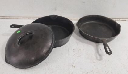 (1) Vintage Griswold Cast Iron Skillet (1) Unmarked Wagner Cast Iron Deep Skillet W/ Lid