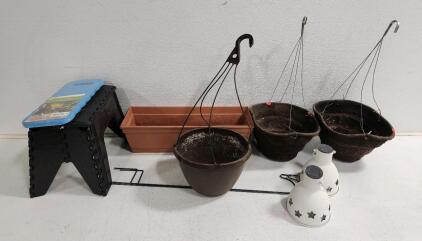(3) Hanging Garden Pots (2) Solar Panel Hanging Lights W/ Ground Poles And More