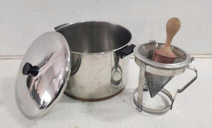(1) Revere Ware 16qt Stock Pot W/ Lid (1) Antique Cone Sieve W/ Wooden Pestle and Stand