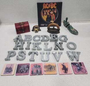 (1) Sad Iron, marked "Mrs Potts" Removable Wooden Handle Cast Iron (20) Assorted Galvanized Steel Letters (1) Decorative Painted Shoe Last (1) AC/DC Canvas of Album Cover and More