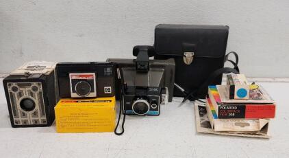 (1) Vintage Kodak Brownie Junior Camera (1) Kodak Instamatic X-15F Camera (1) Vintage Kodak Color Polaroid Camera W/ Accessories And More
