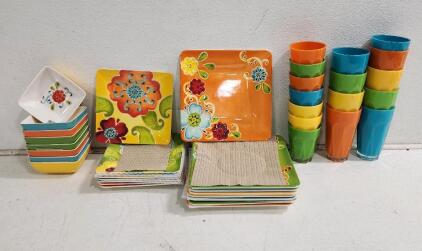 Set of Laurie Gates Floral Dishware W/ Matching Colored Cups