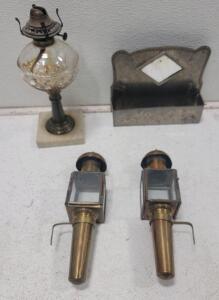 (1) Antique Oil Lamp, 11" (1) Antique Wall Mounted Match Holder (2) Original 19th Century Carriage Oil Wall Lamp Solid Brass, 10"