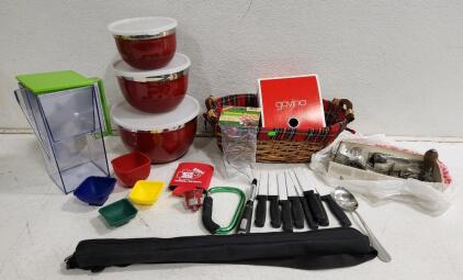 (3) Red Metal Mixing Bowls (1) Sausage Meat Grinder (1) Monopod And More